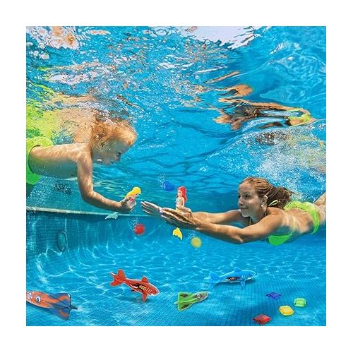  TOY Life 16Pcs Swimming Pool Dive Toys for Kids Swim Toys for Kids Practice Diving Swimming Toys with Pool Torpedo Gliding Shark Pool Mermaid Toys Underwater Diving Game Water Games for Boys and Girls