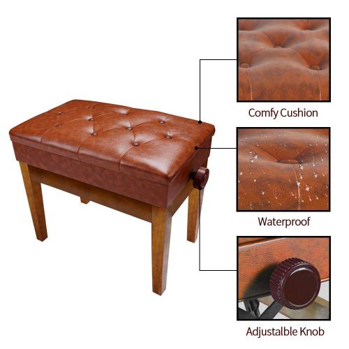  TOYEEKA Brown 25 Solid Wood PU Leather Double Duet Piano Stool Keyboard Bench with Storage，Load 440lb