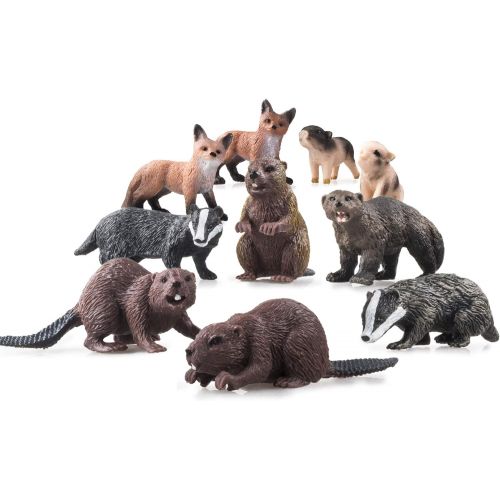 TOYMANY 10PCS Mini Forest Animal Figures, Realistic Wildlife Animal Figurines Toy Set Includes Beavers Foxes Badgers, Easter Eggs Education Birthday Gift Christmas Toy for Kids Chi