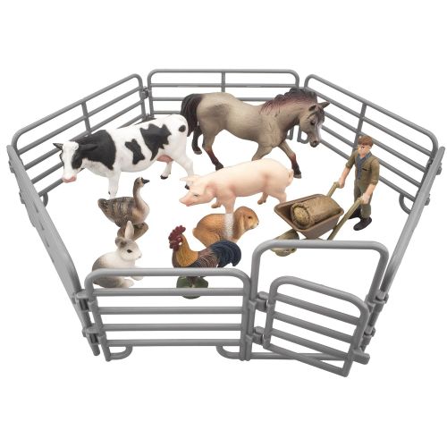  TOYMANY Solid Realistic 14PCS Farm Animal Figures Set with Fence, Farm Animals Playset Includes Farmer Horse Cow Pig Hen Duck Rabbits, Birthday Christmas Toy Gift for Kids Toddlers