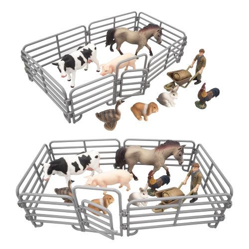  TOYMANY Solid Realistic 14PCS Farm Animal Figures Set with Fence, Farm Animals Playset Includes Farmer Horse Cow Pig Hen Duck Rabbits, Birthday Christmas Toy Gift for Kids Toddlers