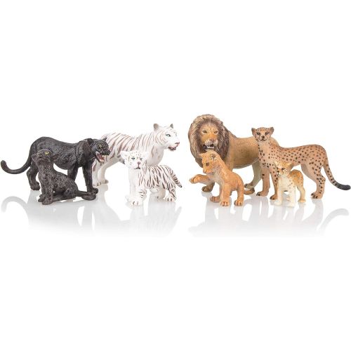  TOYMANY 8PCS 2-5 Plastic Safari Animals Figure Playset Includes Baby Animals, Realistic Lion,Tiger,Cheetah,Black Panther Figurines with Cub, Cake Toppers Christmas Birthday Toy Gif