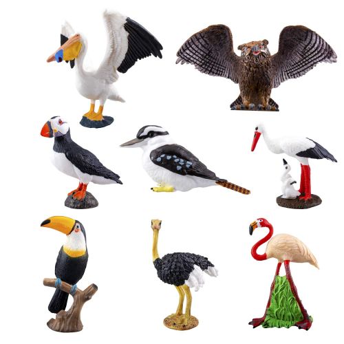  TOYMANY 8PCS Realistic Bird Animals Figurines, 2-4 Plastic Tropical Bird Figures Toy Set Includes Toucan,Ostrich,Owl,Flamingo, Educational Toy Cake Toppers Christmas Birthday Gift