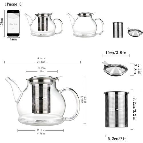  TOYO HOFU Klarglas Teekanne mit Infuser Hitzebestandig Gasherdplatte Sicherheit Entfernbar Edelstahlfilter 1100ml/39oz