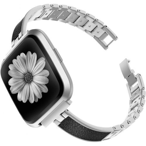  [아마존베스트]TOYOUTHS Stylish Bracelet Compatible with Fitbit Versa Bands for Women Slim Strap Replacement Wristbands for Versa Lite Special Edition Stainless Steel Metal+Leather Bangle Accesso