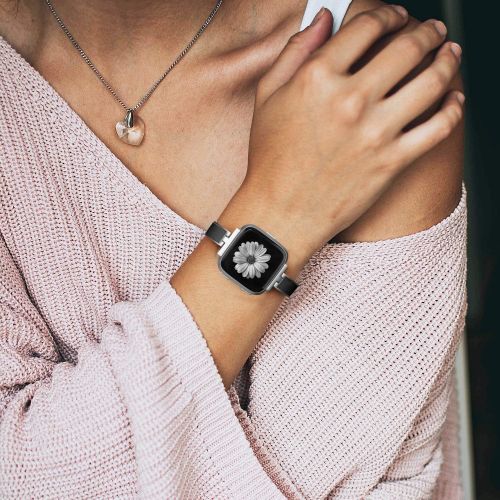  [아마존베스트]TOYOUTHS Stylish Bracelet Compatible with Fitbit Versa Bands for Women Slim Strap Replacement Wristbands for Versa Lite Special Edition Stainless Steel Metal+Leather Bangle Accesso