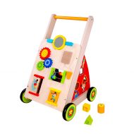TOYSTERS Toysters Wooden Baby Walker and Activity Center Push Cart | Wood Push and Pull Toy for Toddler Boys and Girls | Infant Game Station with Puzzles, Bead Track, Building Blocks, and S