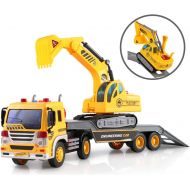 [아마존 핫딜] [아마존핫딜]TOYTHRILL Friction Powered Flatbed Truck with Excavator Tractor - Push and Go Construction Toy for Boys and Girls with Lights and Sounds - Realistic 1:16 Scale Design - by ToyThrill