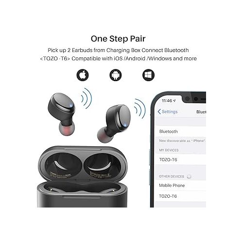  TOZO T6 (Classic Edition) True Wireless Earbuds Bluetooth 5.3 Headphones Touch Control with Wireless Charging Case IPX8 Waterproof Stereo Earphones in-Ear Built-in Mic Headset Premium Deep Bass Black