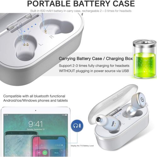  [아마존베스트]TOZO T10 Bluetooth 5.0 Wireless Earbuds with 【Wireless Charging Case】 IPX8 Waterproof TWS Stereo Headphones in-Ear Built-in Mic Headset Premium Sound with Deep Bass for Sport [Whit