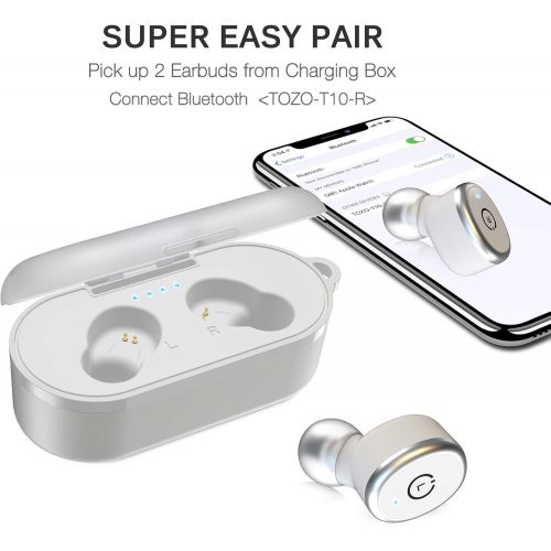  [아마존베스트]TOZO T10 Bluetooth 5.0 Wireless Earbuds with 【Wireless Charging Case】 IPX8 Waterproof TWS Stereo Headphones in-Ear Built-in Mic Headset Premium Sound with Deep Bass for Sport [Whit