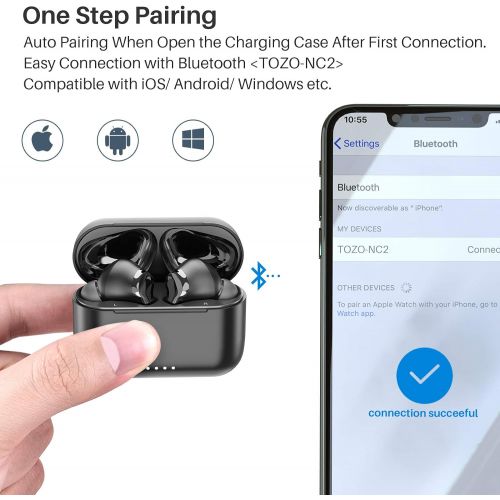  TOZO NC2 Hybrid Active Noise Cancelling Wireless Earbuds, in-Ear Detection Headphones, IPX6 Waterproof Bluetooth 5.2 Stereo Earphones, Immersive Sound Premium Deep Bass Headset, Bl