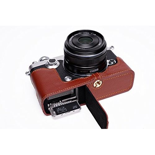  TP Original Handmade Genuine Real Leather Half Camera Case Bag Cover for Olympus Pen-F Brown Bottom Opening Version