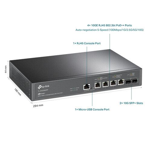  TP-Link JetStream TL-SX3206HPP 4-Port PoE++ Compliant 10G Managed Network Switch with 10G SFP+