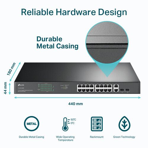  TP-Link JetStream TL-SG1218MP 16-Port Gigabit PoE+ Compliant Unmanaged Switch with SFP