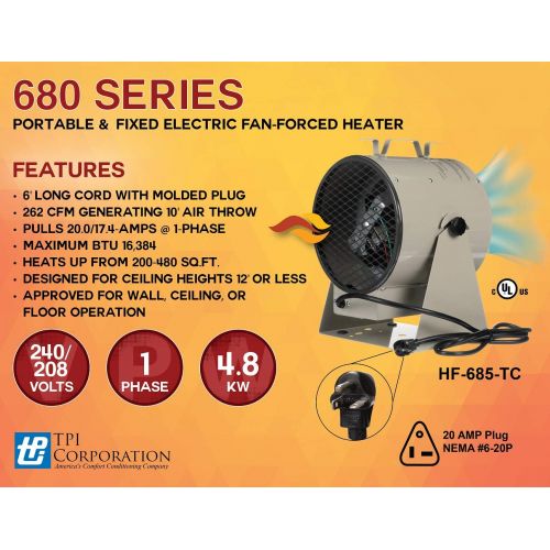  TPI Corporation HF685TC Fan Forced Portable Heater, 4800/3600W, 240/208V