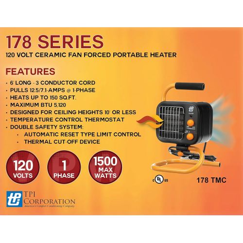  TPI Corporation 178TMC Fan Forced Portable Heater ? Ceramic Heating Element, High/Low Fan ? UL Listed Fan Heater. Space Heaters