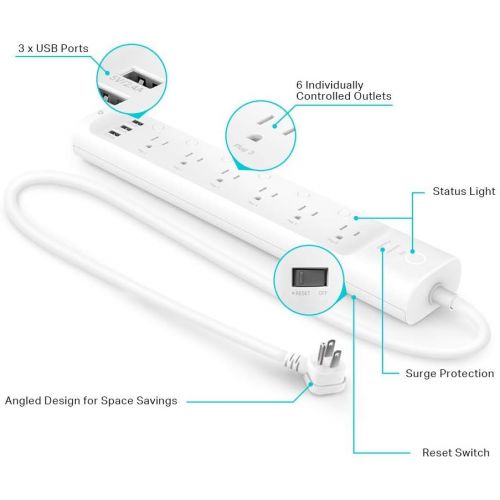  [아마존핫딜][아마존 핫딜] Kasa Smart WiFi Power Strip by TP-Link - 6 Outlet Surge Protection, Works with Alexa Echo & Google (HS300), White, 1-Pack