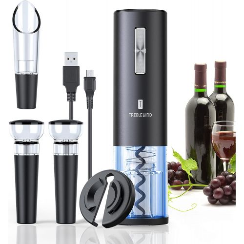  Electric Wine Opener,TREBLEWIND Cordless Electric Wine Bottle Opener with 1*Foil Cutter, 2-in-1 Aerator &Pourer and 2 Vacuum Stopper for Wine Lovers Gift Home Kitchen Party Bar Wed