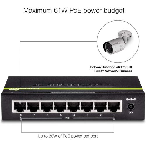  TRENDnet 8-Port GREENnet Gigabit PoE+ Switch, 61W PoE Budget, 16Gbps Switching Capacity, Plug N Play, Lifetime Protection, TPE-TG82G
