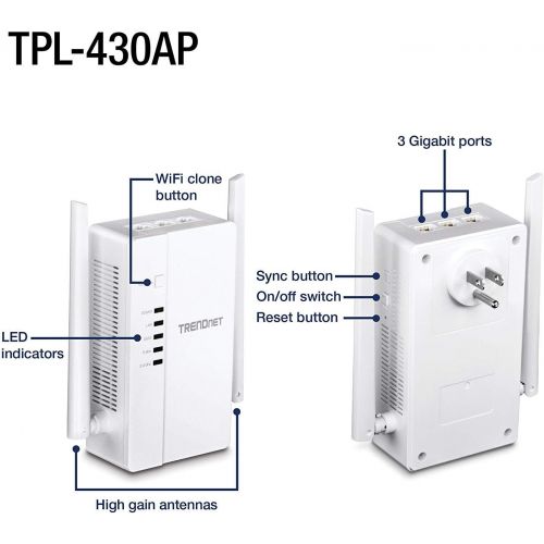  TRENDnet Wi-Fi Everywhere Powerline 1200 AV2 Dual-Band AC1200 Wireless Access Point, 3 x Gigabit Ports, TPL-430AP