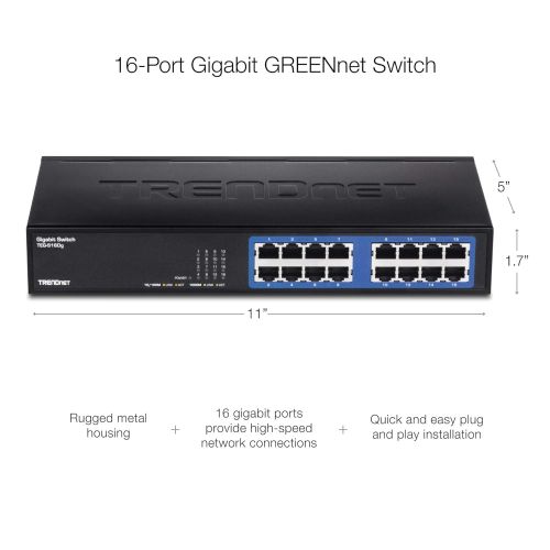  TRENDnet 16-Port Unmanaged Gigabit GREENnet Desktop Metal Switch, TEG-S16DG, Ethernet Splitter, Ethernet/Network Switch, 16 x 10/100/1000 RJ-45 Ports, 32 Gbps Forwarding Capacity,