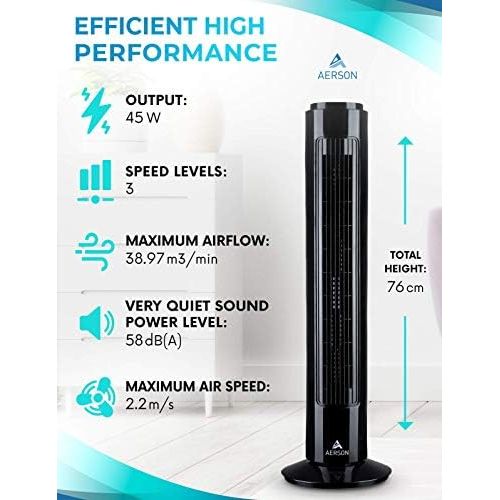  [아마존베스트]TRESKO Aerson Tower Fan with Oscillation 76 cm | Floor Fan with 3 Speed Levels | Tower Fan - 45 W | Timer Function | 70° Oscillating, black