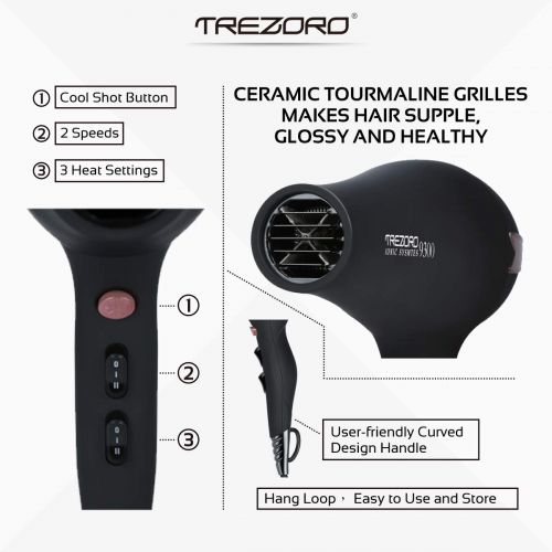  TREZORO Professional Ionic Salon Hair Dryer, Powerful 2200 watt Ceramic Tourmaline Blow Dryer, Pro Ion quiet Hairdryer with 2 Concentrator Nozzle Attachments - Best Soft Touch Body/Black&
