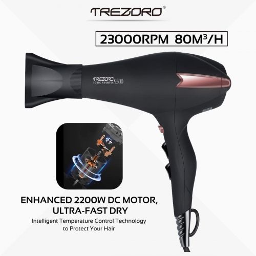  TREZORO Professional Ionic Salon Hair Dryer, Powerful 2200 watt Ceramic Tourmaline Blow Dryer, Pro Ion quiet Hairdryer with 2 Concentrator Nozzle Attachments - Best Soft Touch Body/Black&