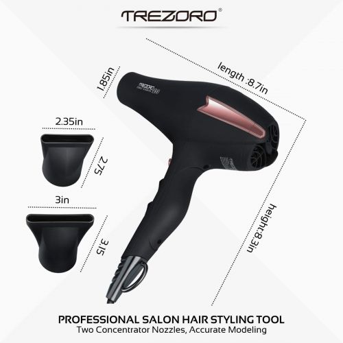  TREZORO Professional Ionic Salon Hair Dryer, Powerful 2200 watt Ceramic Tourmaline Blow Dryer, Pro Ion quiet Hairdryer with 2 Concentrator Nozzle Attachments - Best Soft Touch Body/Black&