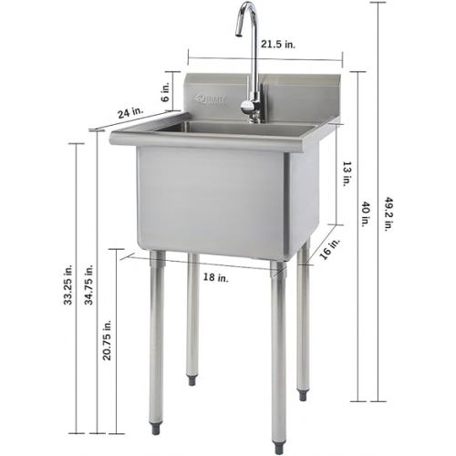  TRINITY THA-0307 Basics Stainless Steel Freestanding Single Bowl Utility Sink for Garage, Laundry Room, and Restaurants, Includes Faucet, NSF Certified, 49.2 21.5 24-Inch, Chrome