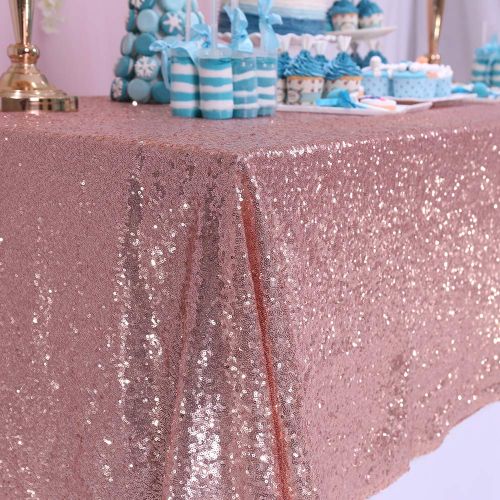  TRLYC 8FT 90x156 Sparkly Rose Gold Square Sequins Wedding Tablecloth, Sparkly Table Cloth for Wedding, Event