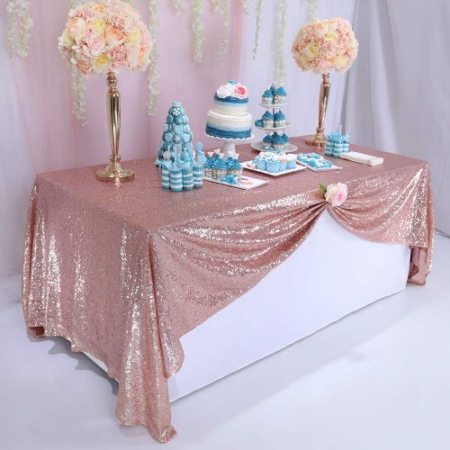  TRLYC 8FT 90x156 Sparkly Rose Gold Square Sequins Wedding Tablecloth, Sparkly Table Cloth for Wedding, Event