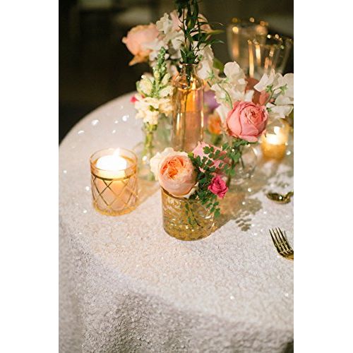  TRLYC 120 White Round Square Sequins Wedding Tablecloth, Sparkly Table Cloth for Wedding, Event