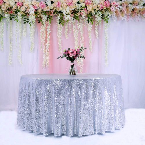  TRLYC 132 Round Sparkly silver Sequin Table Cloth Sequin Table Cloth,Cake Sequin Tablecloths, Sequin Linens for Wedding