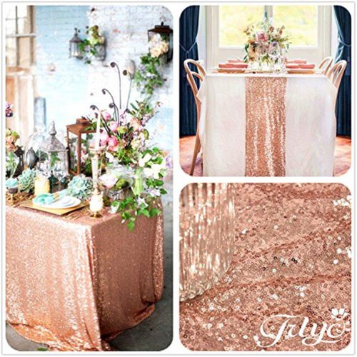  TRLYC 8FT 90x156 Sparkly Royal Rose Gold Square Sequins Wedding Tablecloth, Sparkly Table cloth for Wedding, Event