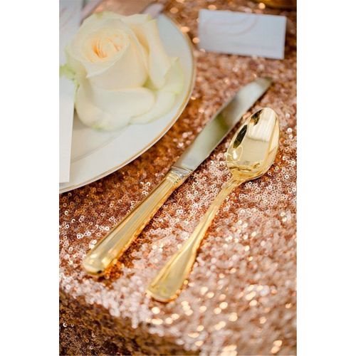  TRLYC Choose Your Size, 3FT-10FT Rose Gold Sparkly Sequin Tablecloth, Wedding Table Cloth, Table Runner for Happy Happy Wedding (12200)