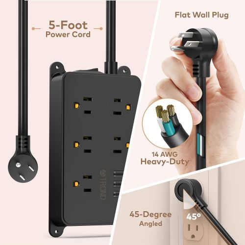  [아마존 핫딜] [아마존핫딜]TROND Power Strip with 3 USB Ports, 5 Widely-Spaced Outlets, Flat Wall Plug, 5-Foot Heavy-Duty Extension Cord, for Home Bedside Office Accessories