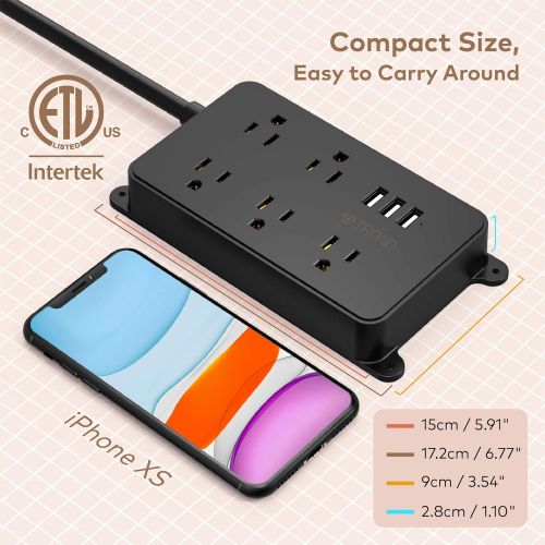  [아마존 핫딜] [아마존핫딜]TROND Power Strip with 3 USB Ports, 5 Widely-Spaced Outlets, Flat Wall Plug, 5-Foot Heavy-Duty Extension Cord, for Home Bedside Office Accessories