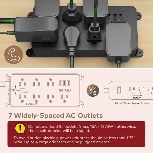  [아마존 핫딜] [아마존핫딜]TROND Power Strip Surge Protector with 3 USB Ports, 7 Widely-Spaced Outlets, Flat Plug, 1700 Joules, 5-Foot Heavy-Duty Extension Cord, Wall Mountable