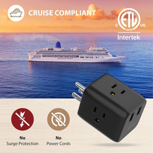  [아마존 핫딜] Cruise Power Strip No Surge Protector, ETL Listed, TROND 3-Outlet Extender Splitter Wall Tap with 2 USB Ports, Travel Adapter Cruise Ship Accessories Must Have