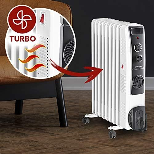  [아마존베스트]TROTEC Oil radiators TRH 22 E - electric, energy-saving radiator with 9 ribs, 3 heat settings (800/1,200/2,000 watts), adjustable thermostat, turbo fan and safety shut-off function