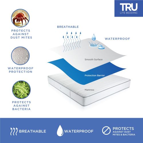  TRU Lite Bedding Waterproof Mattress Protector - Hypollergenic Dust Mite Bed Cover - Smooth Breathable Mattress Cover - Protection from Dust Mites, Allergens, Bacteria, Urine - Kin