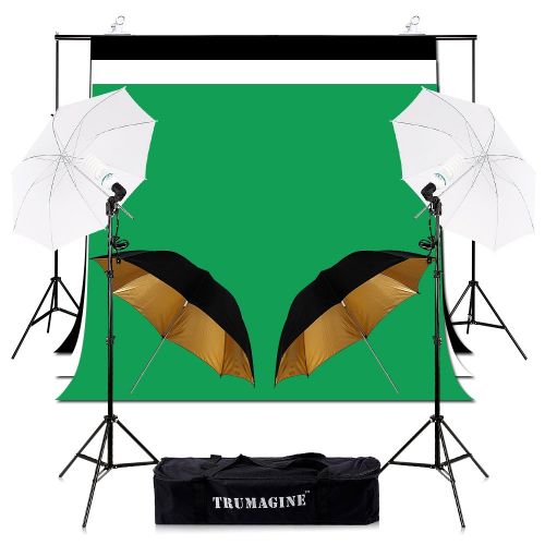  TRUMAGINE Photography Photo Video Studio Umbrellas Background 6.5x10FT Stand Support Kit 35Wx2 Lights Continuous Adjustable Support System with 5x10FT White Black Green Contton Backdrop in C