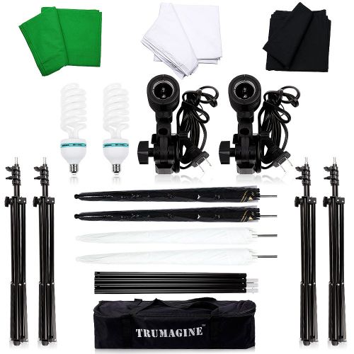  TRUMAGINE Photography Photo Video Studio Umbrellas Background 6.5x10FT Stand Support Kit 35Wx2 Lights Continuous Adjustable Support System with 5x10FT White Black Green Contton Backdrop in C