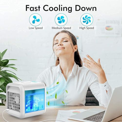  TRUSTECH Portable Air Conditioner Fan, Personal Air Cooler with Icebox, USB Desk Fan with 3 Speeds, Evaporative Air Cooler for Home, Office & Outdoor Use, Air Humidifier, USB Charging, 7 Li