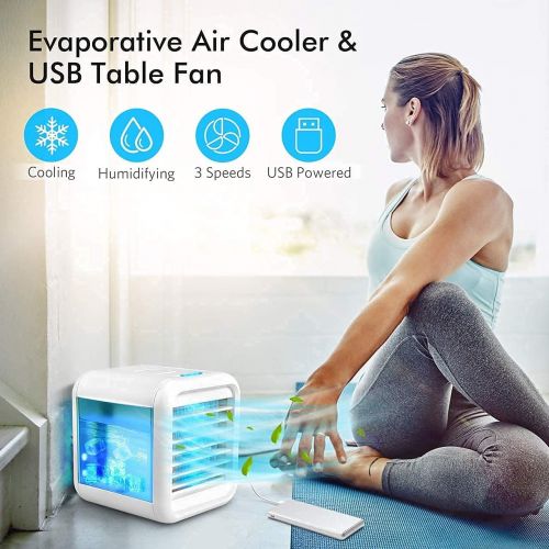  TRUSTECH Portable Air Conditioner Fan, Personal Air Cooler with Icebox, USB Desk Fan with 3 Speeds, Evaporative Air Cooler for Home, Office & Outdoor Use, Air Humidifier, USB Charging, 7 Li