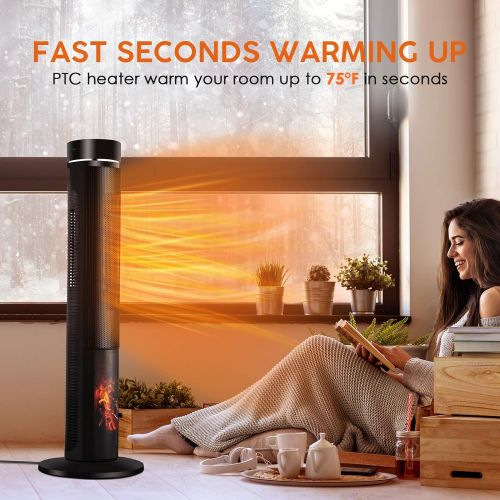  TRUSTECH Electric Space Heater for Large Room - 36 Ceramic Tower Space Heater for Whole Room Heating w/ Thermostat, Fast Heating,3D Realistic Flame, Oscillating, Remote Control, Energy Effi