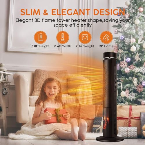  TRUSTECH Electric Space Heater for Large Room - 36 Ceramic Tower Space Heater for Whole Room Heating w/ Thermostat, Fast Heating,3D Realistic Flame, Oscillating, Remote Control, Energy Effi