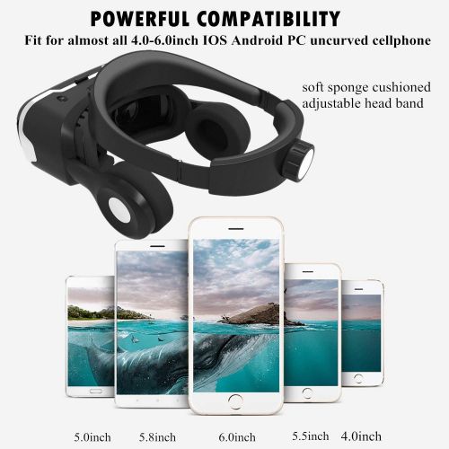  TSANGLIGHT Virtual Reality Headset VR Glasses, New VR Viewer wHeadphones Fit for iPhone Xs X 8 7 6 Plus Samsung Galaxy S9 S8 S7 S6 Edge Note5 for 3D Movie Game, 3D VR Goggle for iOS & Androi